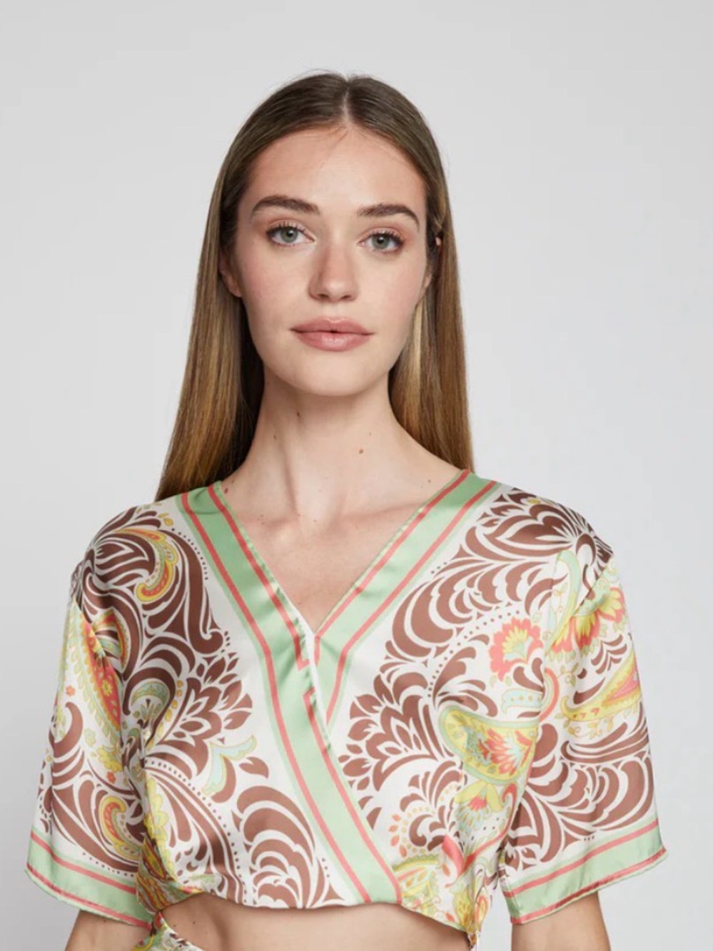 Bailey 44 Paisley-Print Wrap Crop Top in Cream, Brown & Mint